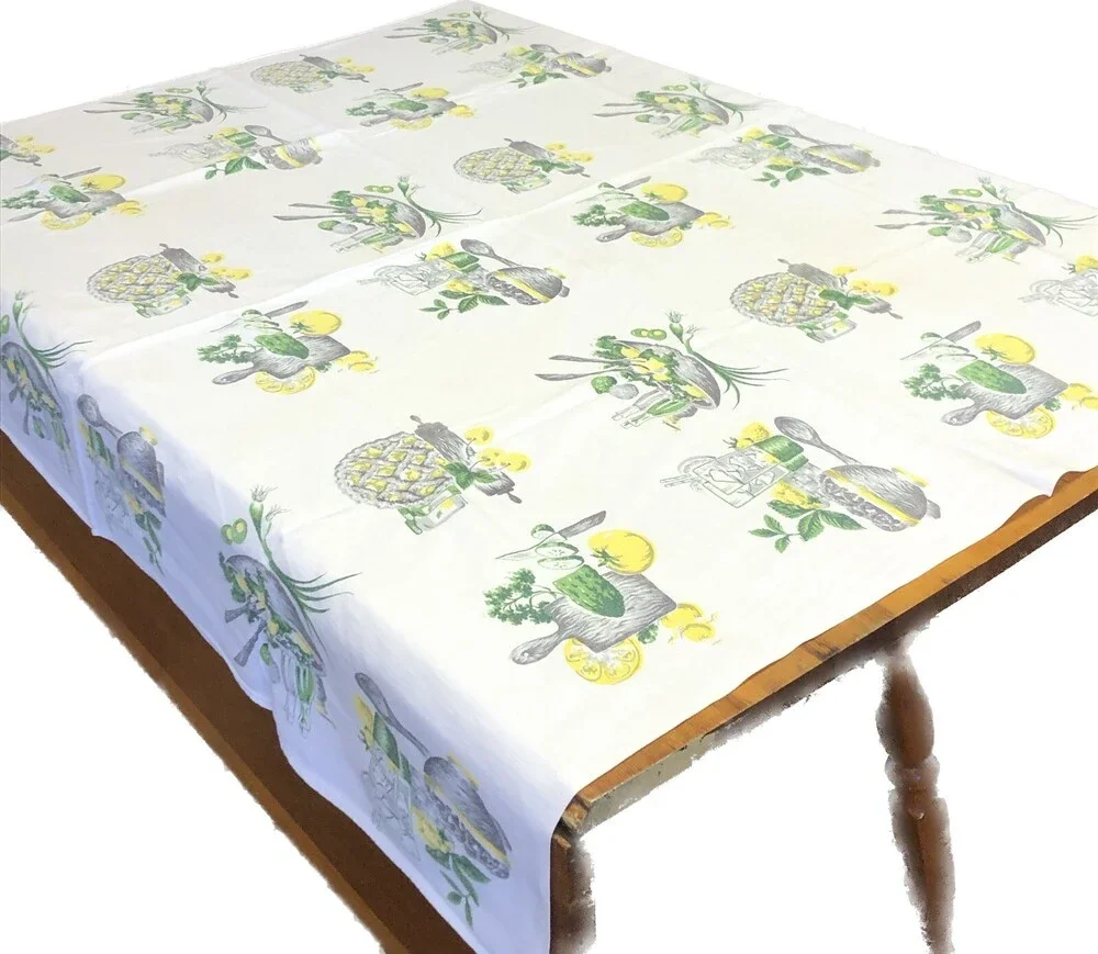 VTG Green & Yellow Food Printed 47.5” X 45.5” Mid Century 60s 70s Table Cloth